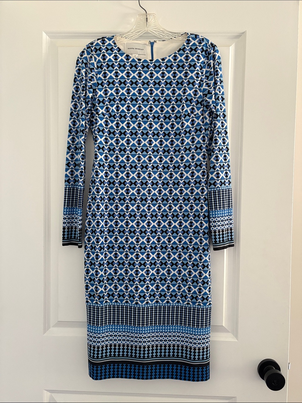 Dionne Morgan Blue and White Geometric Long Sleeve Dress sz 2